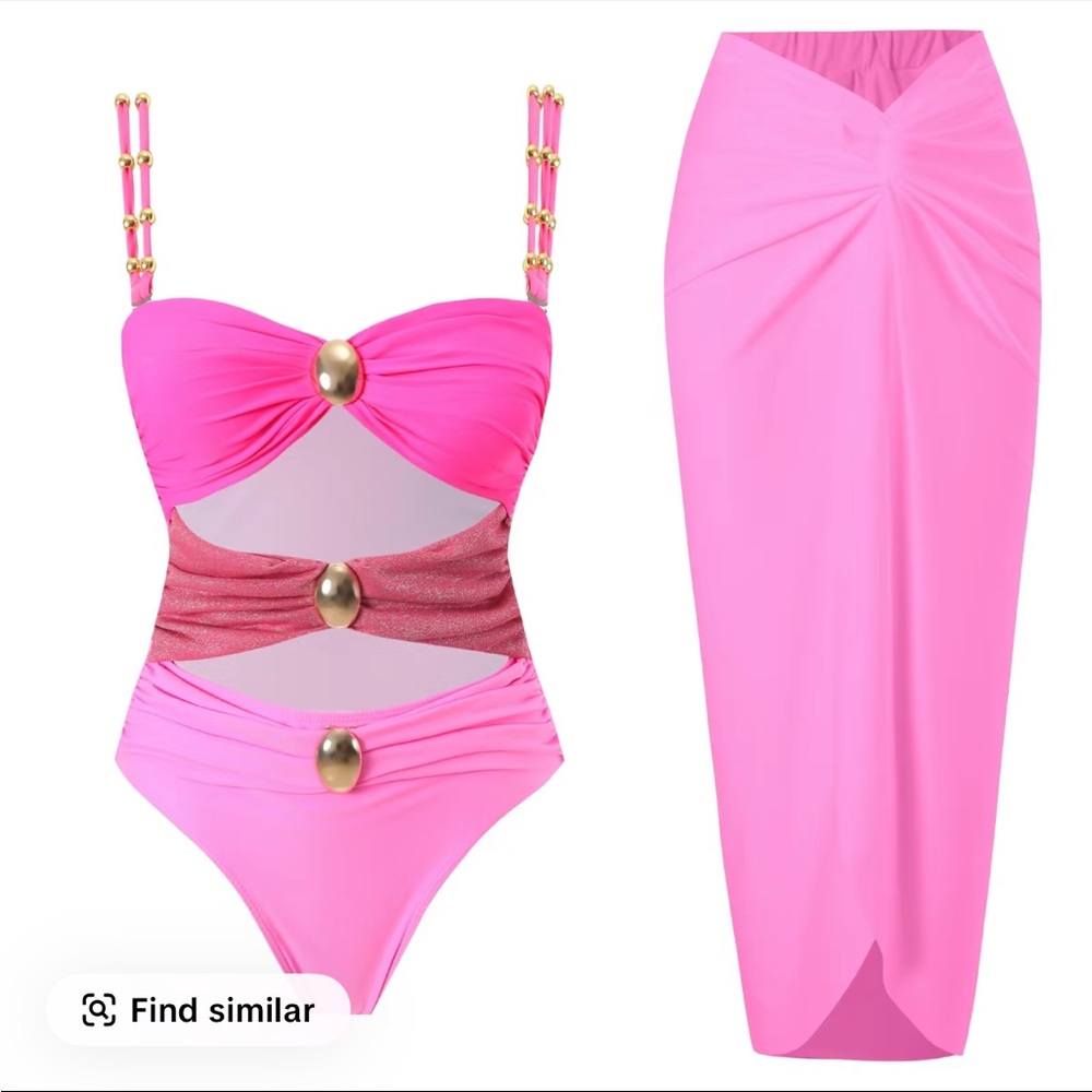 Aprilake Women's Pink Cutout Colorblock Onpiece Swimsuit & Skirt Set Size XL NWT